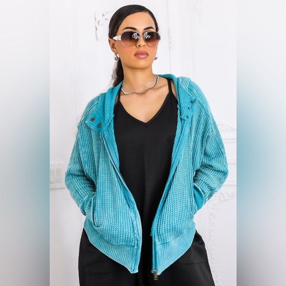 Teal Waffle Knit Zip-Up Hoodie - Picture 2 of 5